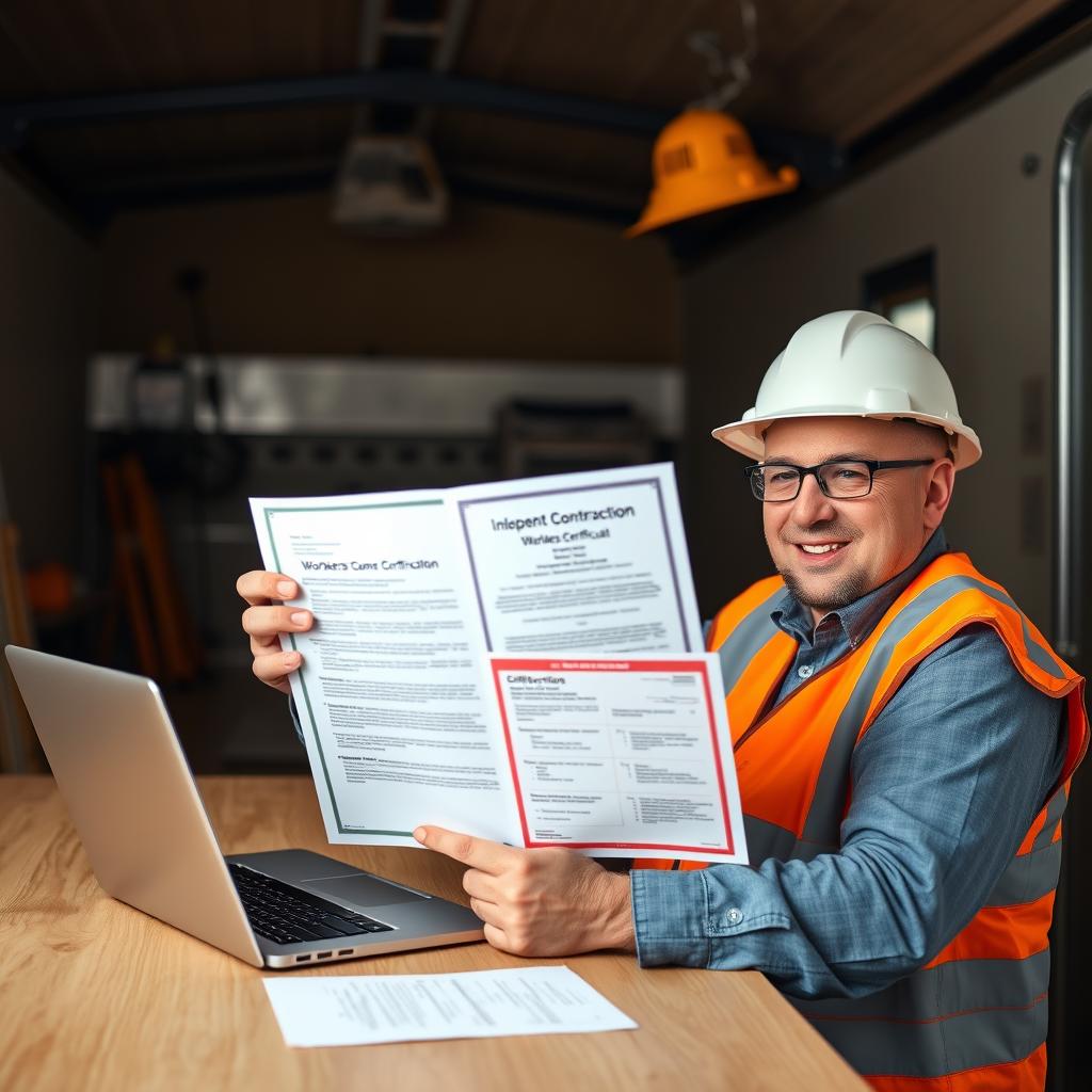 Contractor reviewing workers compensation exemption paperwork at a job site